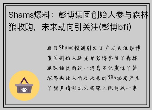 Shams爆料：彭博集团创始人参与森林狼收购，未来动向引关注(彭博bfi)